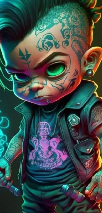 Vibrant punk style character with tattoos in neon colors.