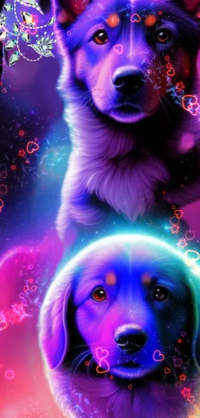 Vibrant neon puppies against a cosmic purple backdrop.