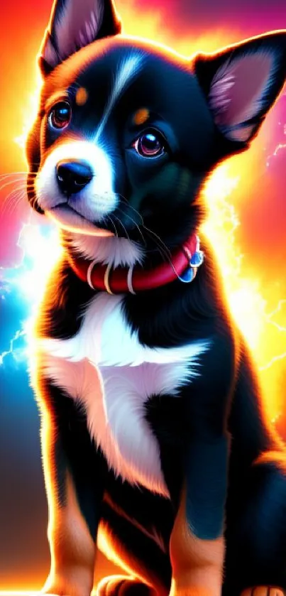 A vibrant wallpaper of a puppy with a fiery background.