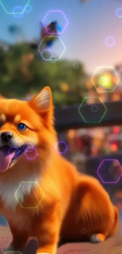 Vibrant digital art of a puppy with colorful shapes and orange tones.