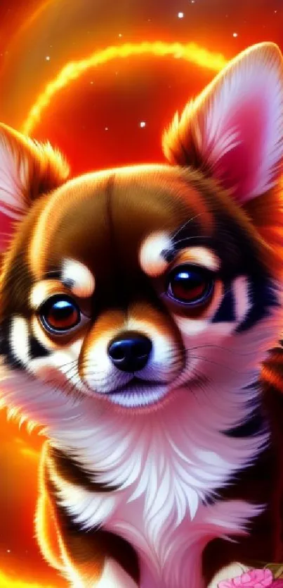 Cute puppy with vibrant cosmic background in digital art.