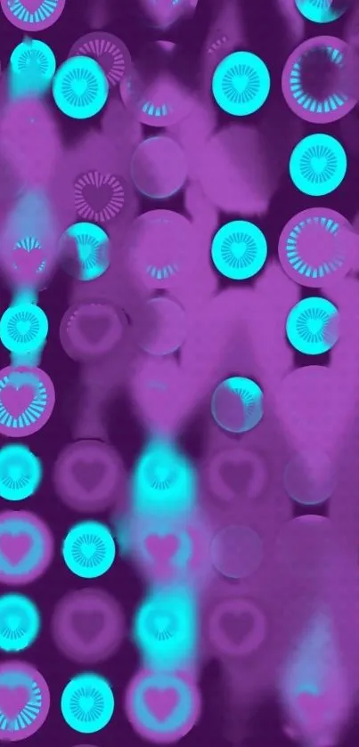 Vibrant wallpaper with purple and blue hearts and circles.