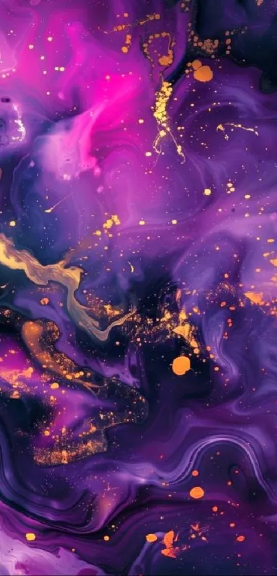 Abstract purple and gold splashes mobile wallpaper design.