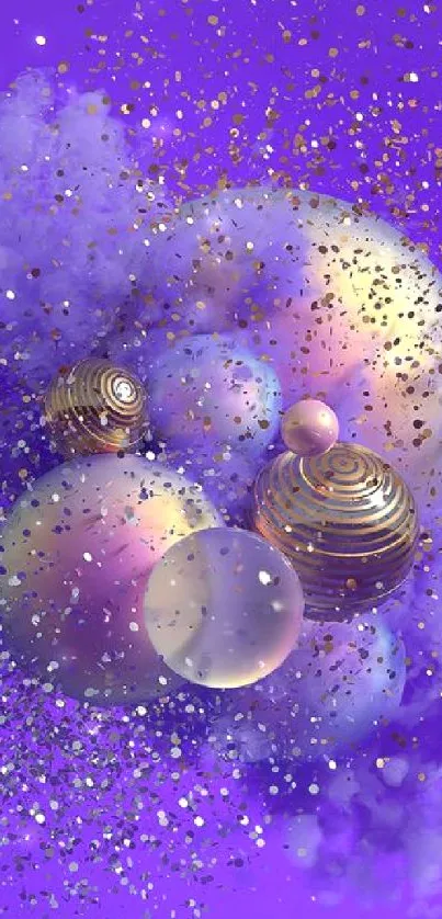 Colorful abstract wallpaper with spheres and particles on a vibrant purple background.