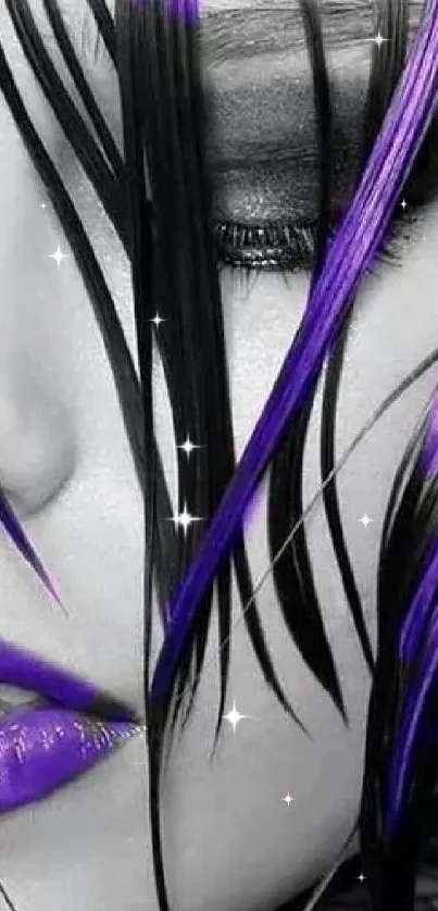 Artistic purple and black hair and lips design wallpaper.