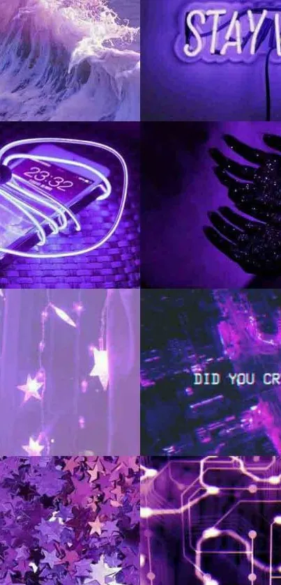 Purple aesthetic collage with neon lights and stars.