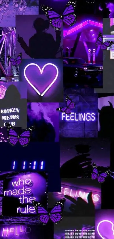 Purple neon aesthetic wallpaper with butterflies.