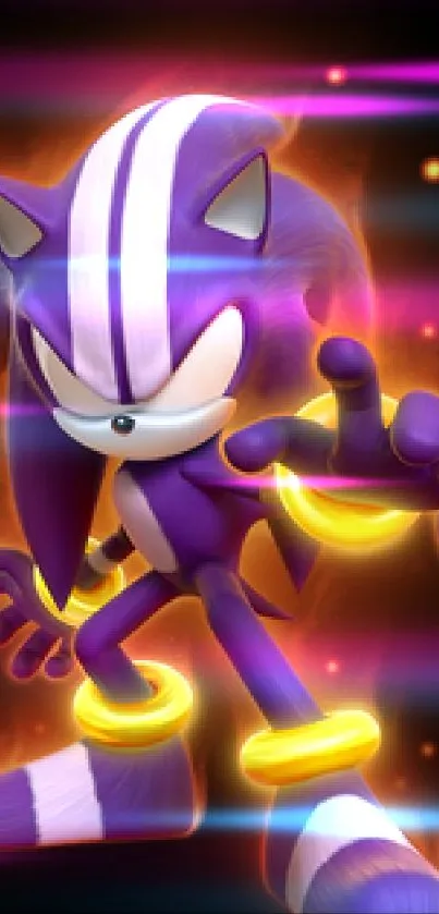 Purple animated character with glowing rings on orange background.