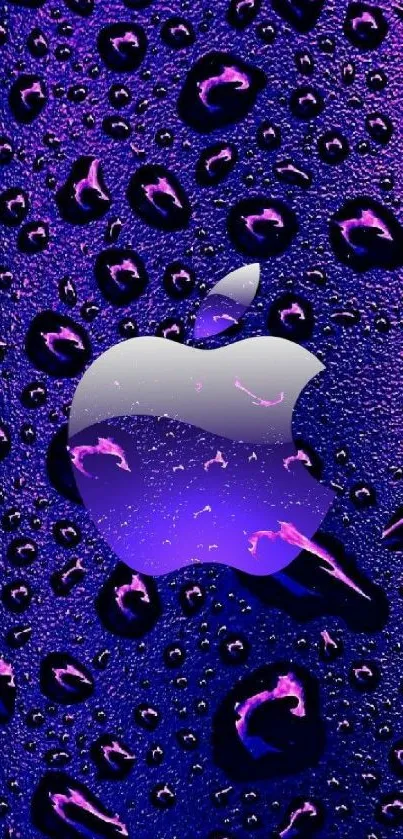 Vibrant purple mobile wallpaper with Apple logo and water droplets.