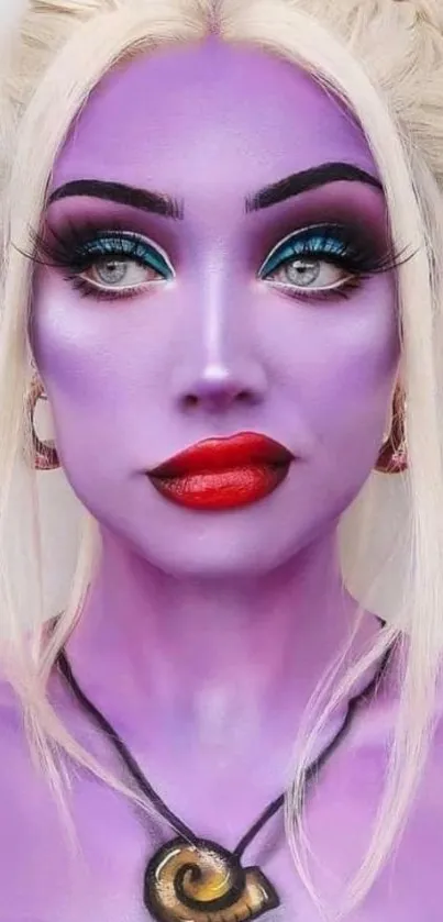 Artistic purple portrait with vibrant makeup, perfect for mobile wallpaper.