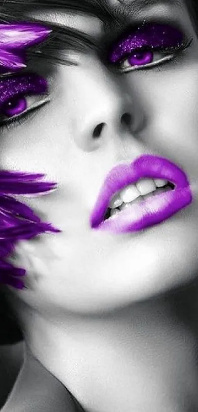 Striking wallpaper with purple makeup art.