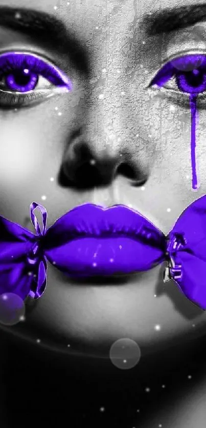 Surreal monochrome face with vivid purple highlights and lips.