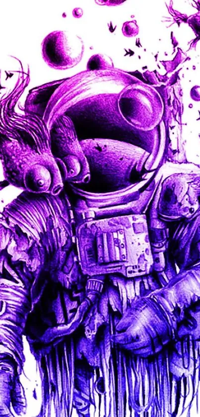 Surreal astronaut artwork in vibrant purple hues.