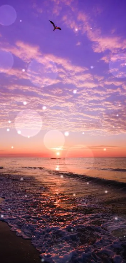 Vibrant purple beach sunset with ocean waves.