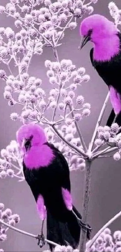 Two stunning purple birds perched on branches, nature design.