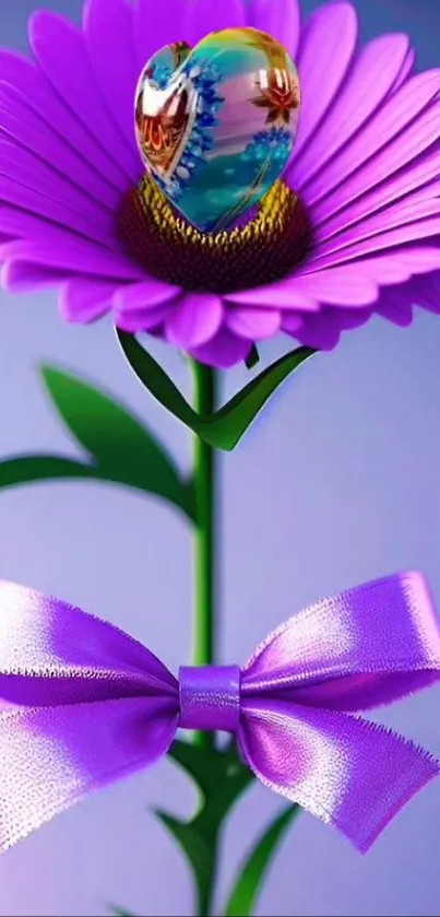 Purple flower with heart gem and bow.
