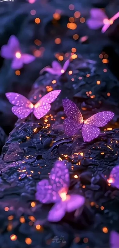 3D purple butterflies glowing in a magical scene.