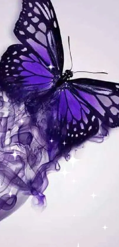 Purple butterfly with smoke effect design on a mobile wallpaper.