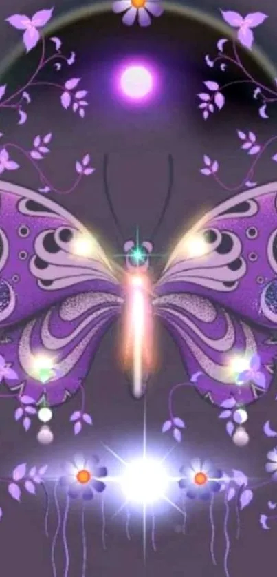 Purple butterfly with floral elements in a vibrant artistic design.