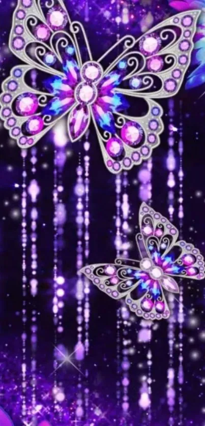 Purple butterfly wallpaper with gems and floral accents.