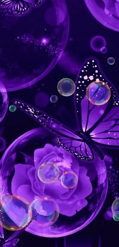 Purple butterfly wallpaper with glowing orbs and flowers.