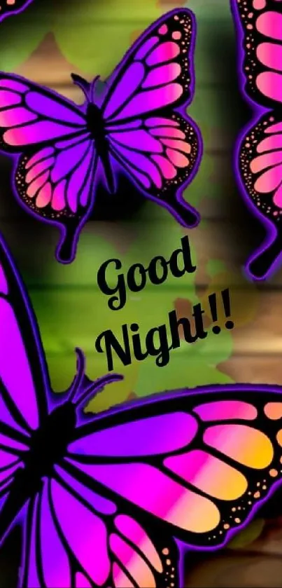 Purple butterflies with 'Good Night' text on a vibrant background.