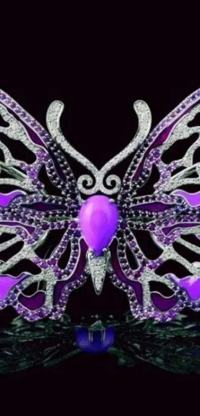 Vibrant purple butterfly with jeweled accents on a dark background.