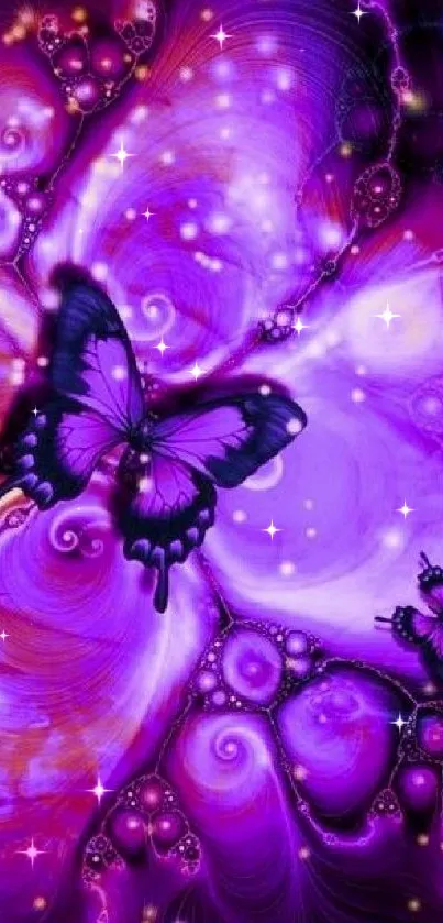 Vibrant purple abstract wallpaper with butterflies.