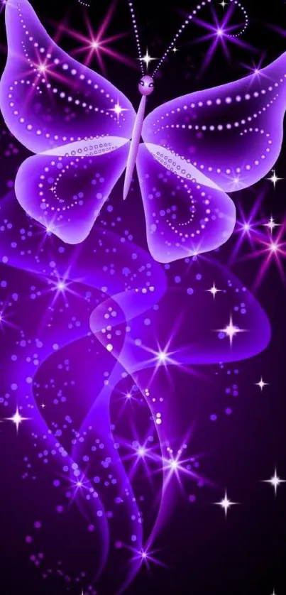 Vibrant purple butterfly with glowing neon stars wallpaper.