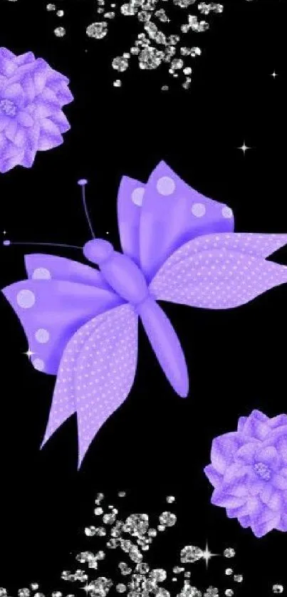 Purple butterfly wallpaper with black background and floral accents.