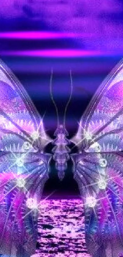 Artistic purple butterfly over dark ocean background wallpaper.