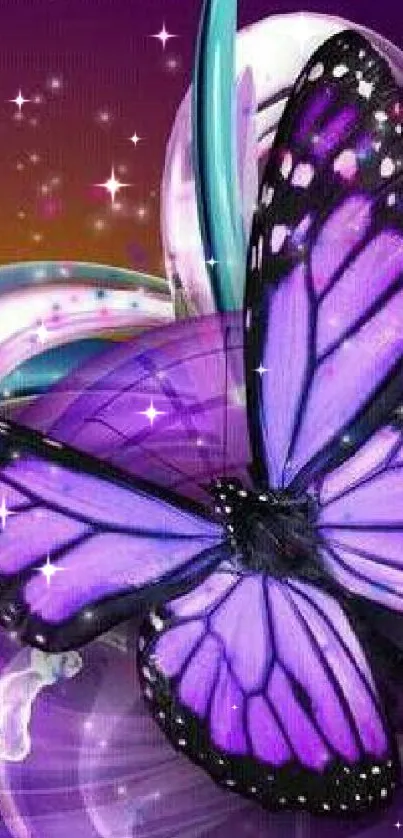 Purple butterfly on vibrant abstract background.