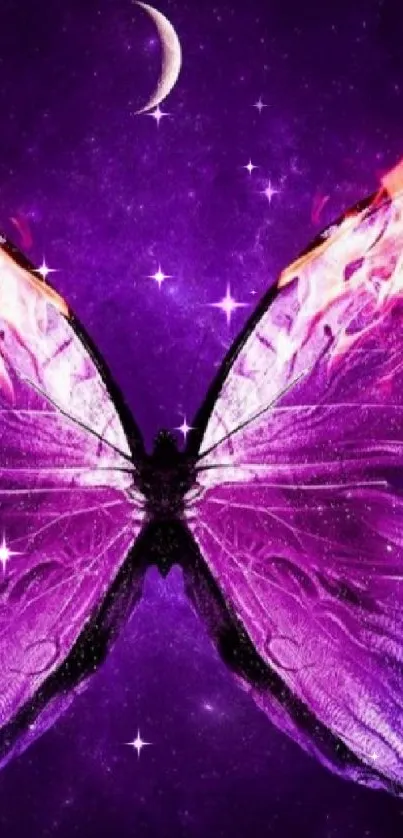 Purple butterfly with fiery wings on cosmic background.