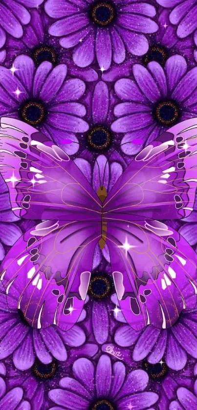 Purple butterfly on floral background wallpaper.