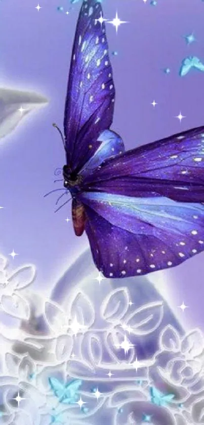 Purple butterfly with floral elements wallpaper.