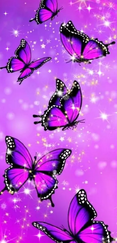 Purple butterflies sparkle on a vibrant background.