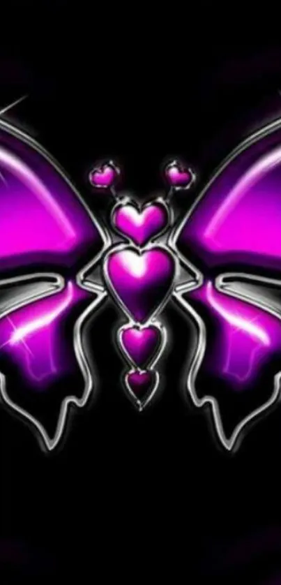 Vibrant purple butterfly with glowing hearts on dark background.