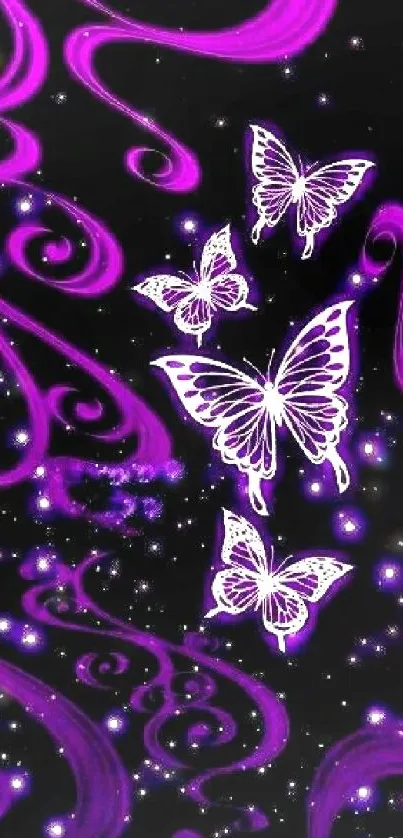 Purple butterflies on a swirling black background with vibrant magic.