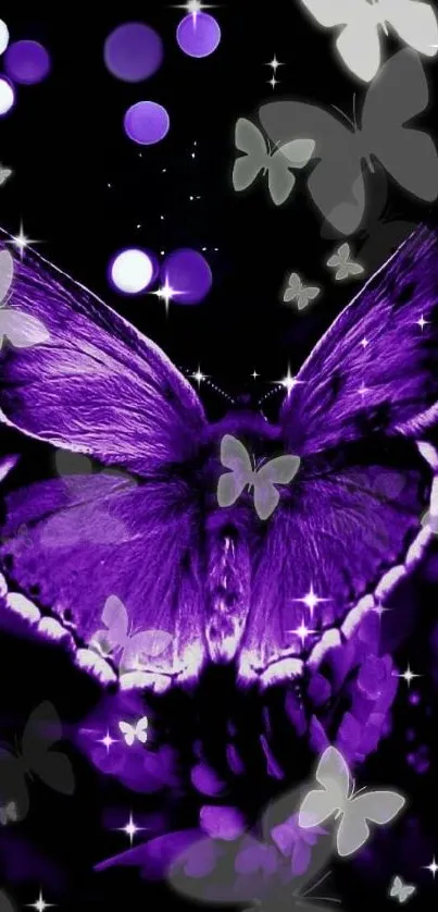 Vibrant purple butterfly with glowing lights on a mobile wallpaper.