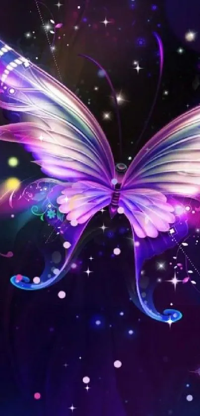 Purple butterfly with glowing wings in a starry background wallpaper.