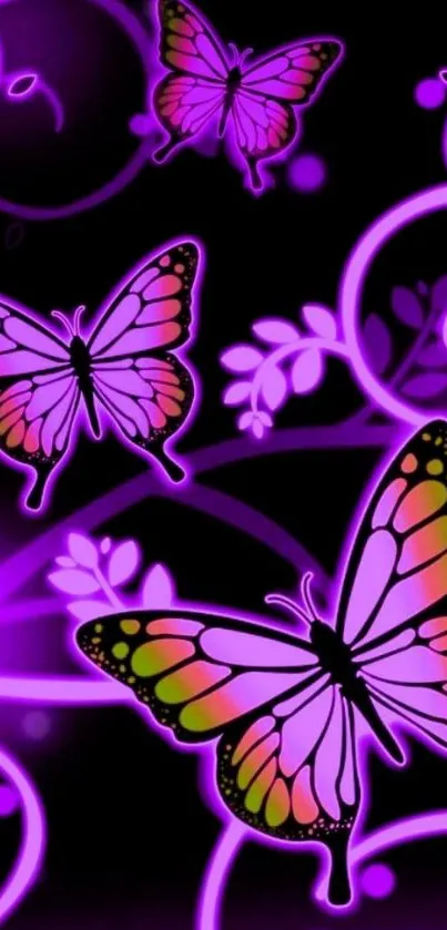 Neon purple butterflies with floral design on a vibrant mobile wallpaper.