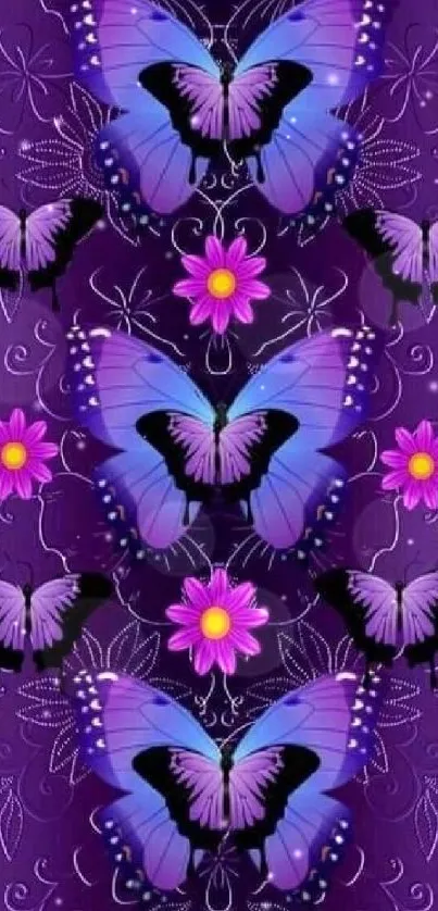 Vibrant mobile wallpaper with purple butterflies and pink flowers.