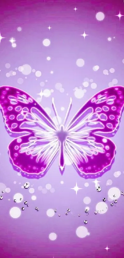 Purple butterfly wallpaper with glowing wings and bokeh lights.