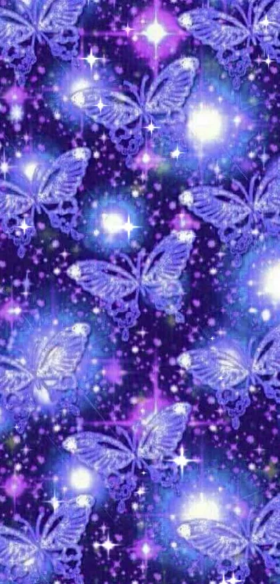 Vibrant purple wallpaper with glowing butterflies and stars.