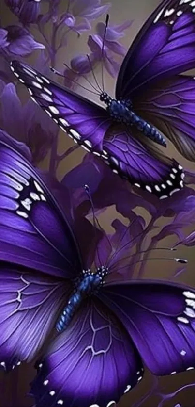 Purple butterflies with detailed wings on a phone wallpaper.