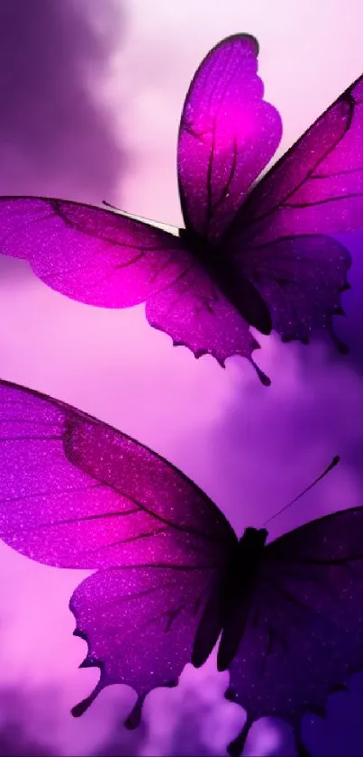 Purple butterflies with ethereal clouds background.