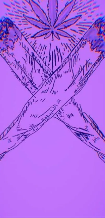 Purple wallpaper featuring artistic cannabis design with leaf and crossed joints.