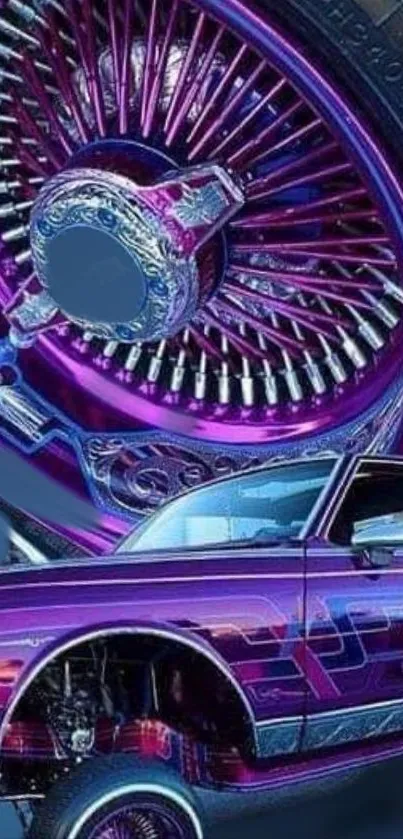 Vibrant purple car wallpaper with intricate wheel design.