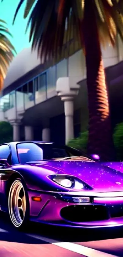 Vibrant purple sports car on urban road with palm trees.