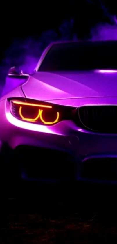 Vibrant purple luxury car with neon headlights.